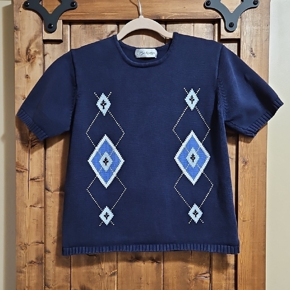 Berkertex Vintage Blue Argyle Cotton Knit Top UK 14-16 (Fits like a Large)
